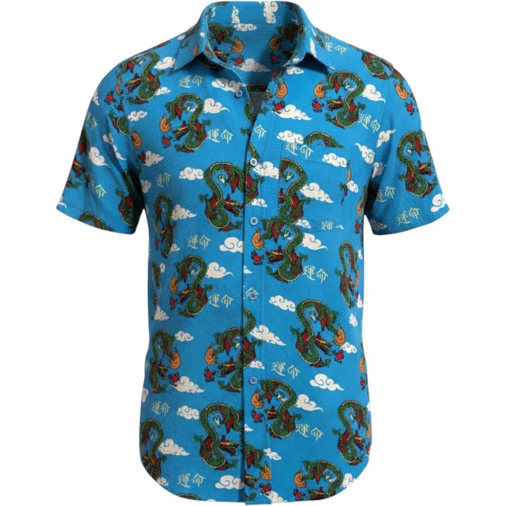 Empyre‎ Button Up Shirt Mens Medium Blue Dragon Cloud Graphic Short Sleeve